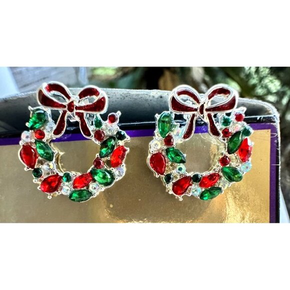 Christmas Wreath Earrings New Red Green Clear Crystals Posts Festive Bow… - Picture 2 of 12